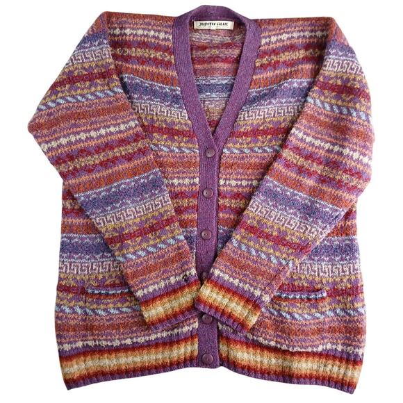Judith Glue Sweaters - Vintage Judith Glue Sweater Womens Medium Wool Purple Stripe Cardigan Scotland